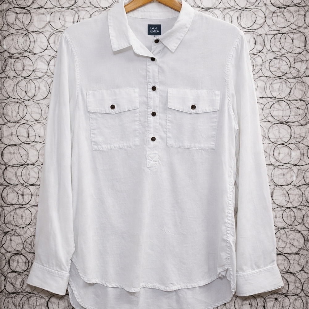 Lands’ End 100% Lyocell Button-Front Tunic Blouse High-Low Size M